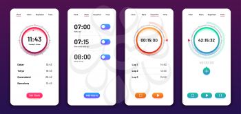 Clock user interface. Alarm stopwatch timer ui mobile phone. Time app vector design. Illustration of clock and timer, alarm and stopwatch