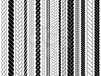 Plaits and braids pattern brushes. Knitting, braided ropes vector isolated collection. Braid pattern decoration, fabric textile ornament illustration