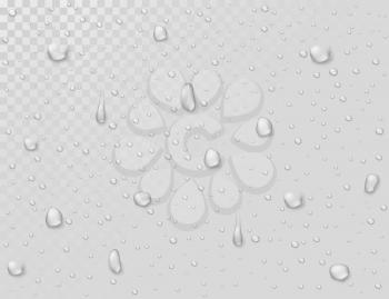 Water rain drops. Droplets on transparent wet glass window. Photorealistic water shower drops vector background. Illustration of clear droplet on glass transparent