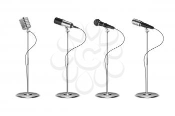 Microphone set. Standing microphones audio equipment. Concept and karaoke music mics vector isolated collection. Illustration of sound equipment mic, microphone for record