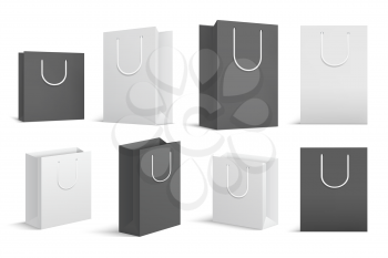 Paper shopping bags. Black white blank cardboard package. Close up shopping bag vector mockups. Illustration of bag package and packet, cardboard packaging for gift