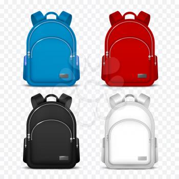School rucksack. Kids backpacks. Front view travel bag for backpacking. 3d vector mockup isolated. Rucksack and backpack, bag school and schoolbag illustration