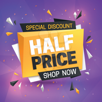 Half price sale banner. Hot super offer, 50 off discount. Big savings vector promotion flye. Illustration of half price sale offer market