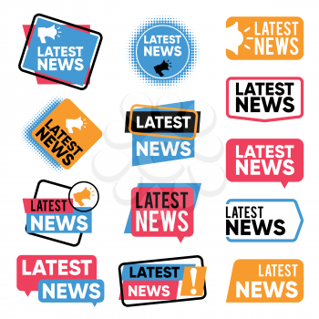 Latest news labels. Information banners with promotional words. Newsletter announcement vector badges. Illustration of news announcement sticker