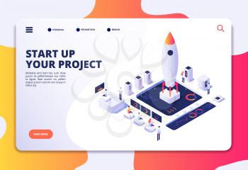 Startup landing page. Successful project launch, isometric rocket people at dashboard. Creative business, customized vector design. Illustration of rocket startup in business, isometric launch