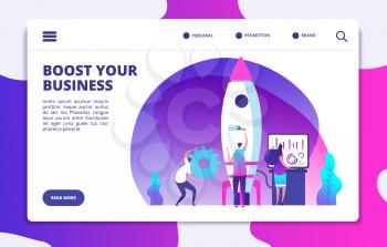 Startup website landing page. People launching rocket. Boost business easy. Customized vector concept. Rocket startup, launch and boost business illustration