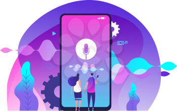 Voice assistance concept. Voice controlled intelligent home speaker and voice assistant vector illustration. Assistance controlled home with app assistant voice