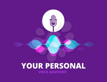 Personal voice assistant. Sound recognition concept with soundwave and microphone icon. Intelligent technology vector background. Voice sound, soundwave and microphone, personal assistant illustration