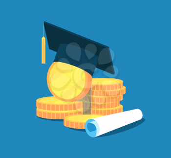 Education money. College tuition graduation, scholarship education investment. Gold coins, academic cap diploma. Vector concept of investment in education and graduation, academic cap illustration