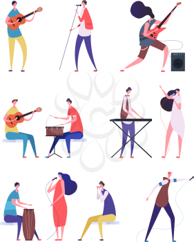 Musicians set. People performing rock music. Artist with musical instruments and singers. Vector cartoon characters isolated. Illustration of musician instrument, performance band people