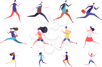 Running people. Flat man and woman, business persons and kids run. Flat vector runner jogging characters set. Illustration of run man and woman, runner girl boy