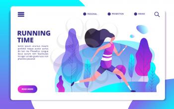 Fitness landing page. Sporty girl running in summer park. Healthy people workout outdoor. Sport lifestyle and training vector concept. Illustration of runner girl page, run sport at park