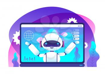 Chatbot concept. Ai robot advices clients. Hotline customer service. Virtual support and mobile assistance vector background. Illustration of robot ai support, virtual hotline