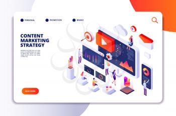Content marketing landing page. Contents creation specialist and article writers. Writing service isometric concept. Illustration of article write copywriting for website