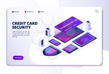Credit card security isometric concept. Safety money online bank transaction. Smartphone payment technology landing page vector design. Illustration of security and protection credit card