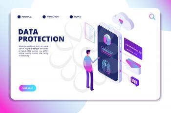 Data protection isometric concept. Personal identity, protected document finance security. Confidential business vector landing page. Protection and identity privacy personal illustration