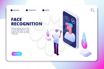 Face recognition isometric concept. Id verification smartphone scanner. Personal identify, face authentic reader vector landing page. Illustration of smartphone scanning face and recognition
