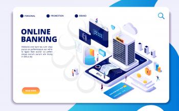 Online banking isometric landing page. Internet money transfers, secure payment smartphone paying protection. Banking vector concept. Illustration of banking payment isometric, online pay smartphone