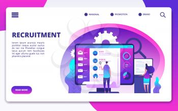 Recruitment concept. Hire workers, choice employers search team for job. Recruiter people working on hr resume. Vector landing page. Illustration of choose employer, recruitment and hire