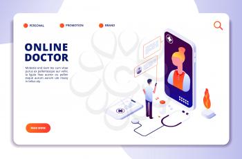 Healthcare online pharmacy isometric concept. Internet drugstore. Medical diagnosis in hospital. Doctor online vector landing page. Illustration of online doctor and healthcare app on smartphone