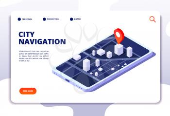 Navigation map isometric concept. Gps location system. Phone tracker with global positioning. Vector landing page navigation gps system, city street on mobile screen illustration