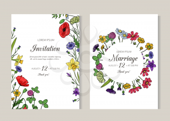 Wedding invitations. Greeting card with summer wild meadow flowers. Spring floral retro sketch vector flyer template. Wedding card with colored floral illustration
