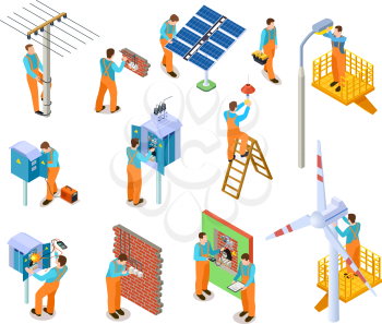Electrician isometric set. Workers doing safety electric works. Electrical maintenance man repairing power lines vector 3d characters. Illustration of electrician worker man, professional work service