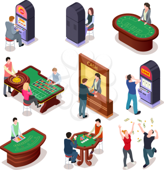Casino isometric. Poker roulette table, slot machines in playing room. Nightclub entertainment casino gambling 3d vector set. Gambling casino 3d table illustration, roulette and poker
