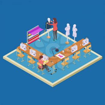 Coworking space for designers. Isometric atelier class vector concept. Illustration of atelier with dressmaker, studio of workshop