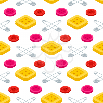Sewing equpments, safety pins and buttons isometric seamless pattern background