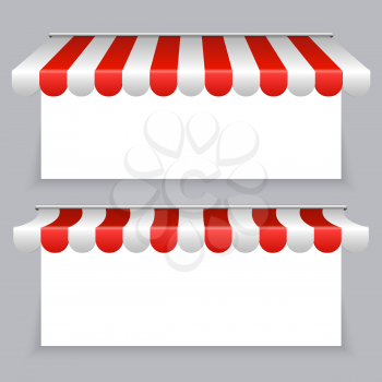 Vector banners with striped awning tents set. Illustration of awning canopy for storefront
