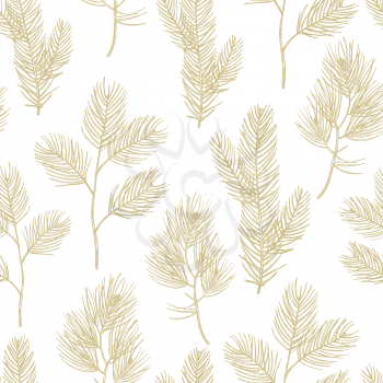 Hand drawn golden fir branches seamless pattern background on white backdrop illustration