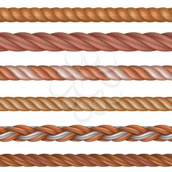 Realistic seamless rope and nautical cables vector set isolated on white background. Illustration of twisted fiber and cord string