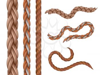 Realistic vector nautical cables, seamless ropes isolated on white background. Illustration of rope and cable, fiber cord, part of jute
