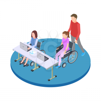 Socialization and education of people with disabilities isometric vector concept. Education woman with medical disability illustration