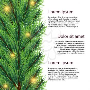 Vector realistic fir tree branch with lights banner template. Illustration of poster xmas