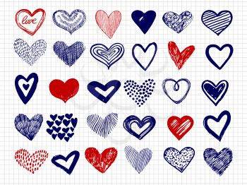 Ballpoint pen drawing doodle hearts vector big collection. Scribble sketch heart of set illustration