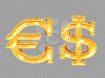 Golden vector dollar and euro signs isolated on transparent background. Illustration of euro and dollar gold symbols