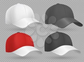 Realistic baseball cap black, white and red vector templates collection isolated on gray