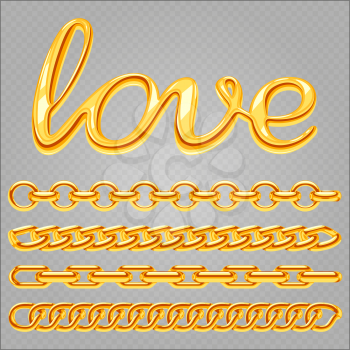 Realistic gold jewelry chain and love sign isolated on transparent background. Vector gold chain, golden metal luxury illustration