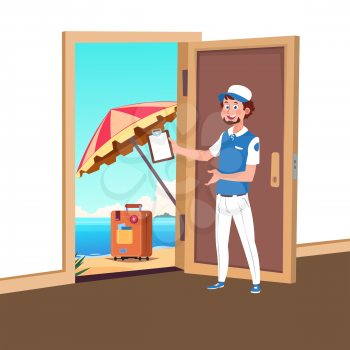 Welcome to travel vector concept with tourism manager and opened door to the beach illustration