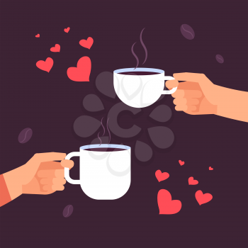 Coffee lovers vector concept, hands with coffee cups and hearts. Illustration of coffee drink in hands couple