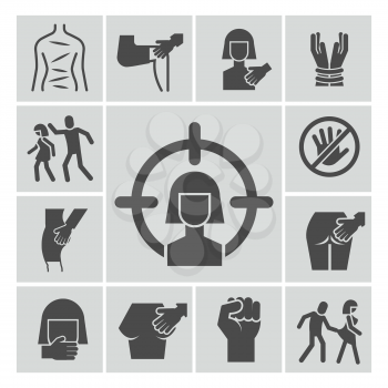 Stop violence, sexual abuse, harassment vector icons set. Violence and abuse, harassment and sexual victim illustration