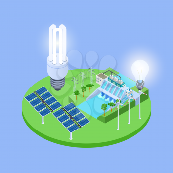 Ecological energy isometric vector concept with solar panels, eco lights bulbs, hydropower station illustration