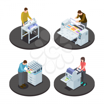 Isometric printing house icons concept with digital rotary large format and offset production types vector illustration. Isometric equipment print industry