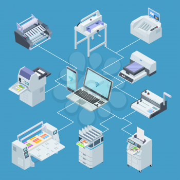 Modern printing house equipment. Printer plotter, offset cutting machines isometric vector concept. Illustration of control processing from laptop, scanning and plotter