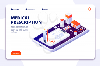 Pharmacy isometric landing page. Pharmacist and customer buying pills in drugstore. Medicine and healthcare vector 3d concept. Illustration of medical healthcare and medication consultation