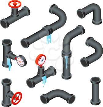 Broken pipes. Leaking water pipeline tubes. Leakage plumbing system 3d isometric vector isolated set. Illustration of pipeline plumbing, tube system leak