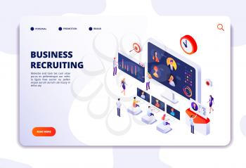 Recruitment landing page. Businessmen have interview in office. Hr employment agency, online recruitment isometric vector concept. Illustration of business recruiting online, resources people