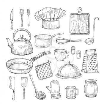 Hand drawn cooking tools. Kitchen equipment kitchenware utensils vintage sketch vector collection. Illustration of kitchenware equipment, spoon and bowl